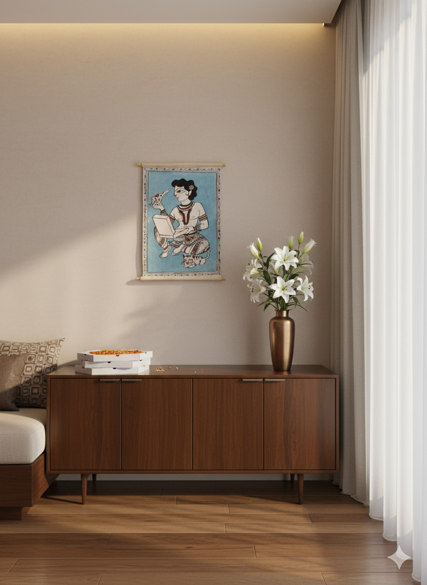 Srikalahasti Kalamkaari inspired- Small scroll- Man with his pizza - Image 3